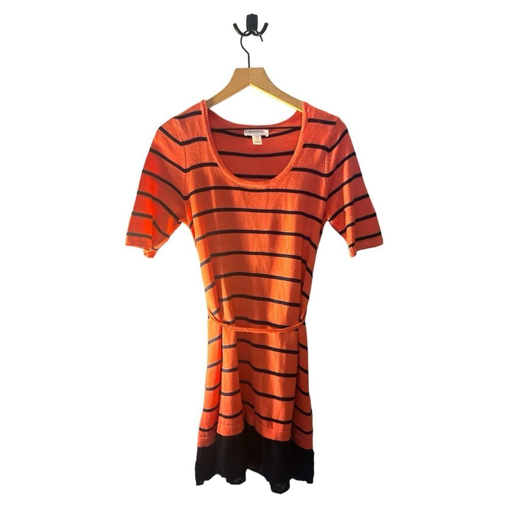 Motherhood Maternity Top Striped Coral Blue Belted Knit Short‎ Sleeve M
